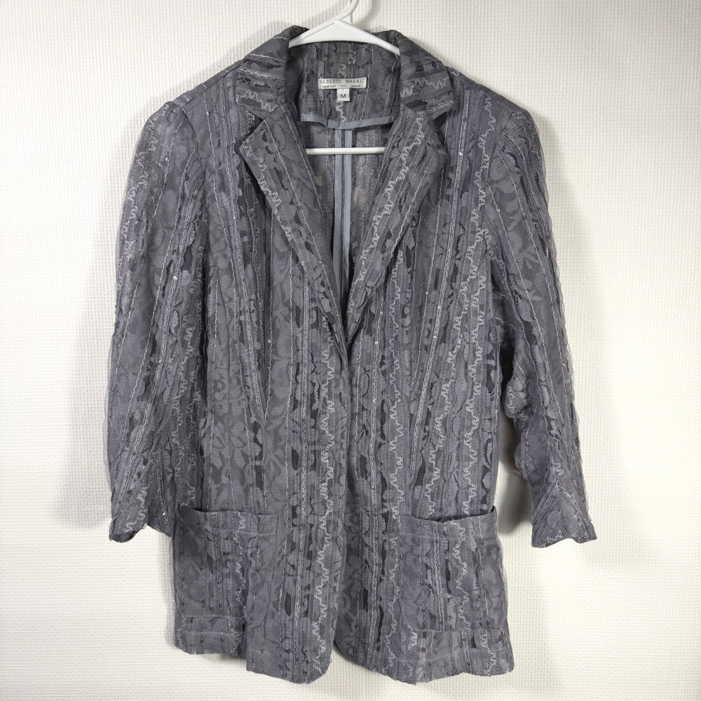 Vtg Alberto Makali Grey Lace Sequin Blazer Jacket Sheer 3/4 Sleeve Size M 575926